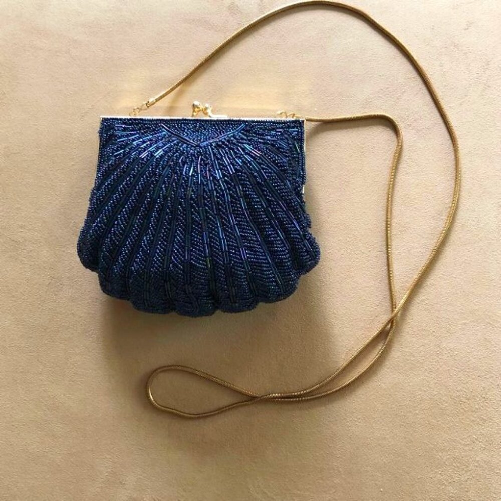 Vintage Handmade Blue Beaded Clamshell Evening Bag